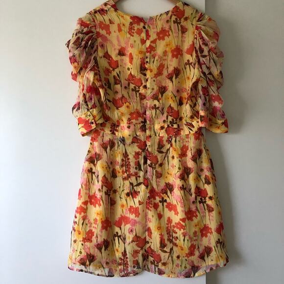 Walter Baker Butter Yellow Floral Print Dress Puff Short Sleeve Faux Wrap 8 $228 - Picture 8 of 11